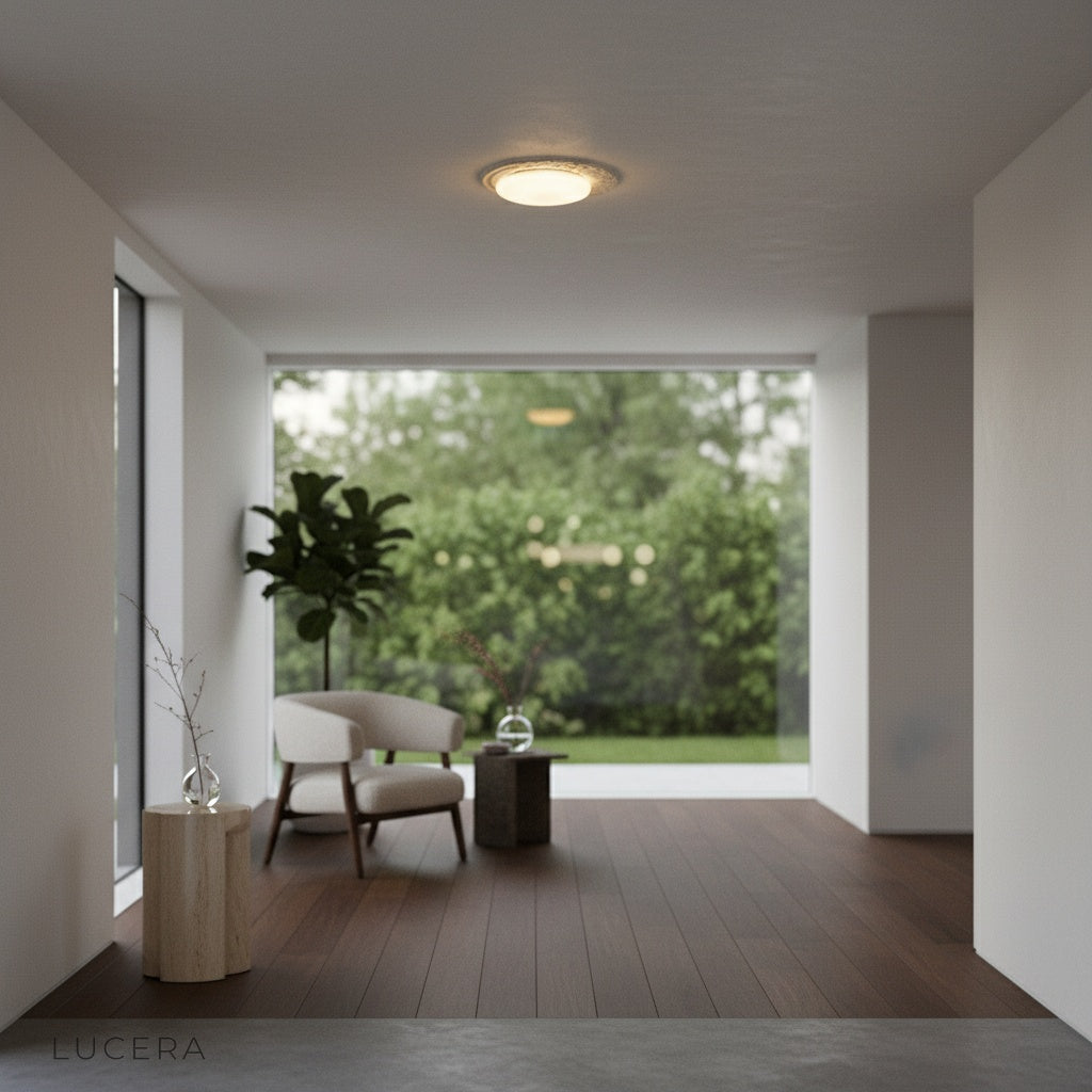 round travertine and marble pendant lamp illuminating modern entryway