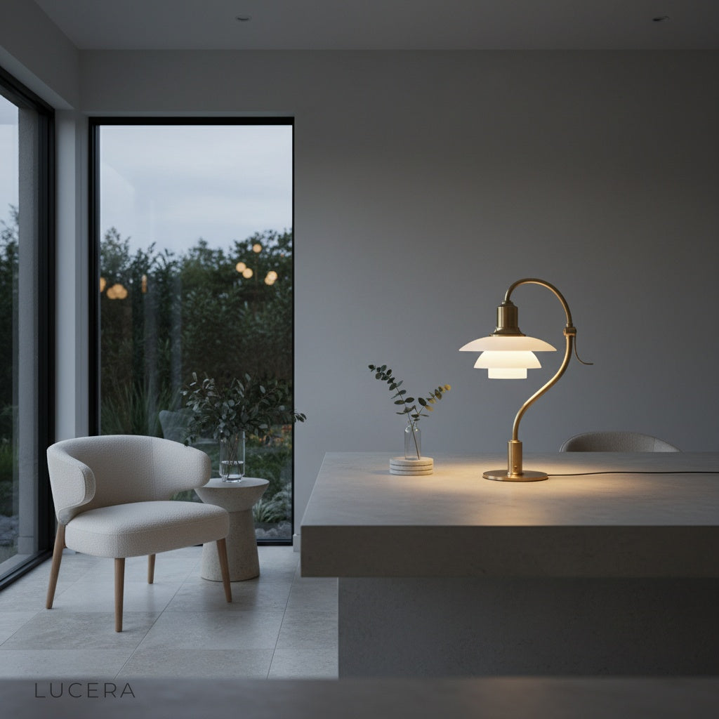 Jardin Table Lamp illuminated on minimalist desk with warm evening light and soft shadows in background