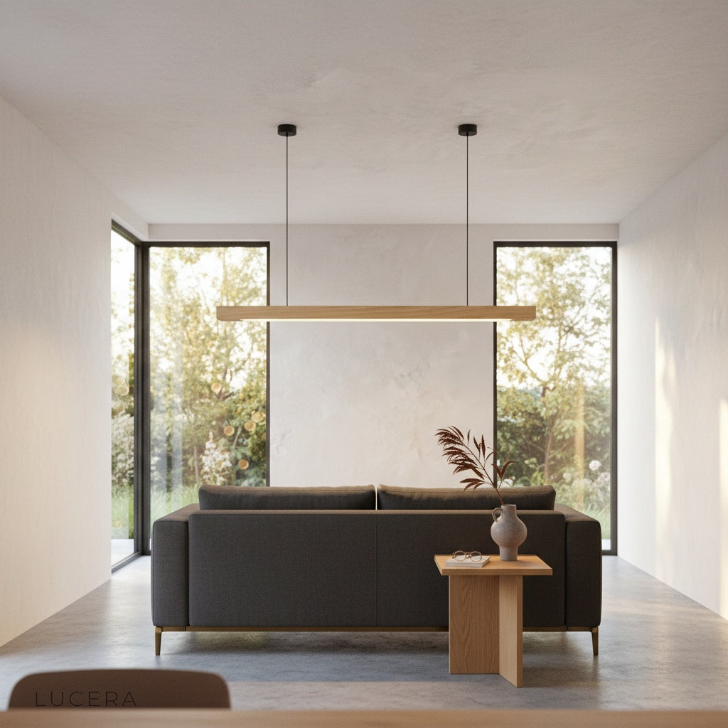 nighttime lifestyle shot of Kirsch pendant light glowing above a bedside table in bedroom