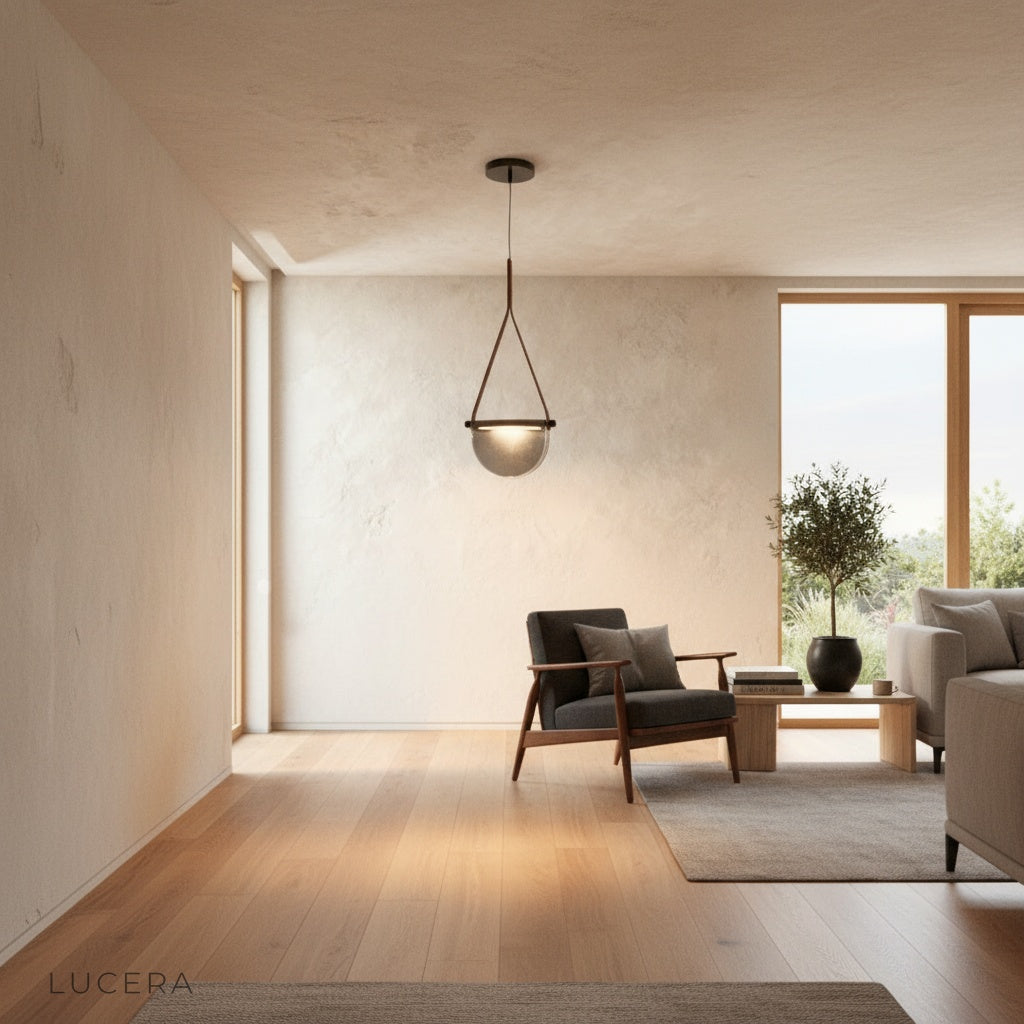 Glimmer leather pendant light glowing warmly in a chic reading corner at dusk