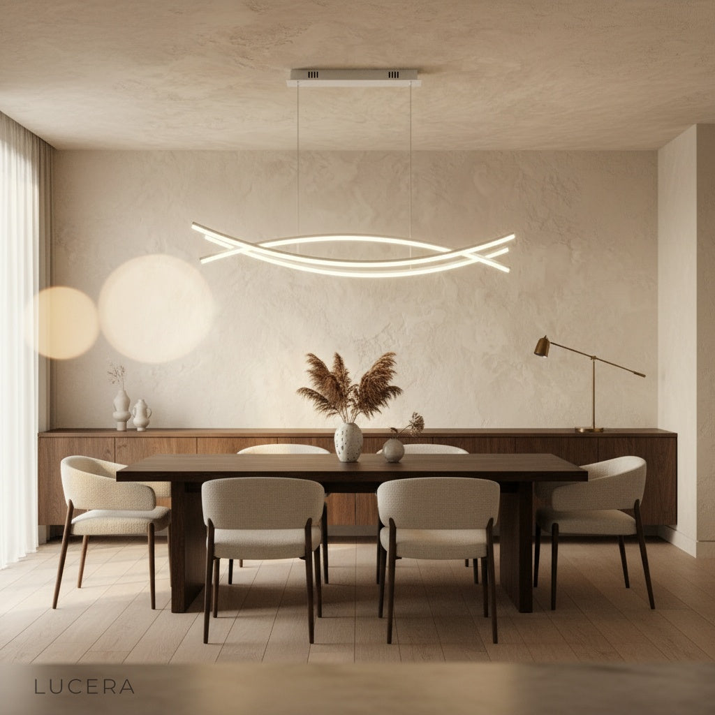 Eterno Chandelier in open-plan space with black aluminum body and adjustable height wire