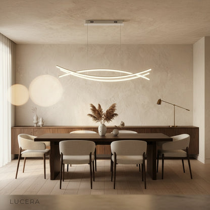 Eterno Chandelier in open-plan space with black aluminum body and adjustable height wire
