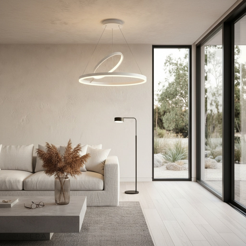 Opaque Chandelier casting soft shadows in a dark, moody interior at night