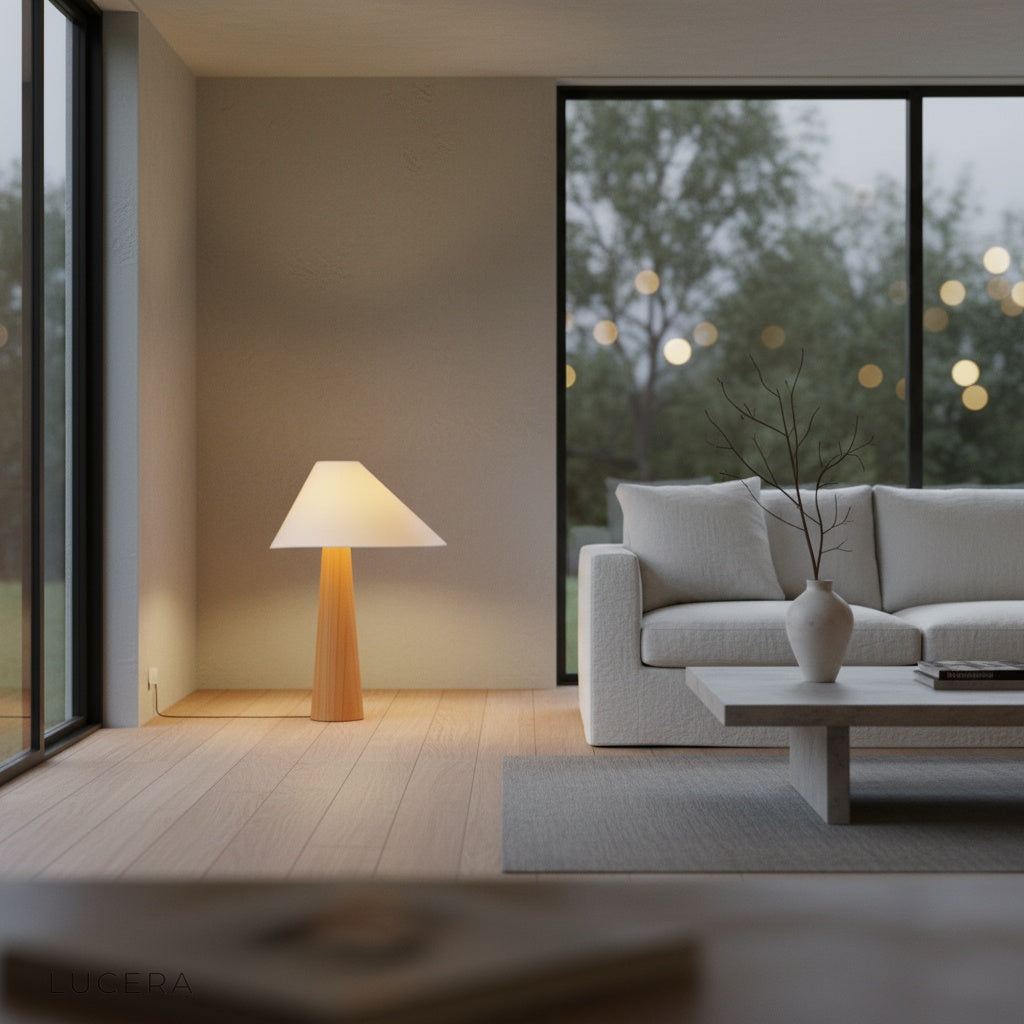Kermes table lamp casting ambient light on bedside table in cozy bedroom at dusk