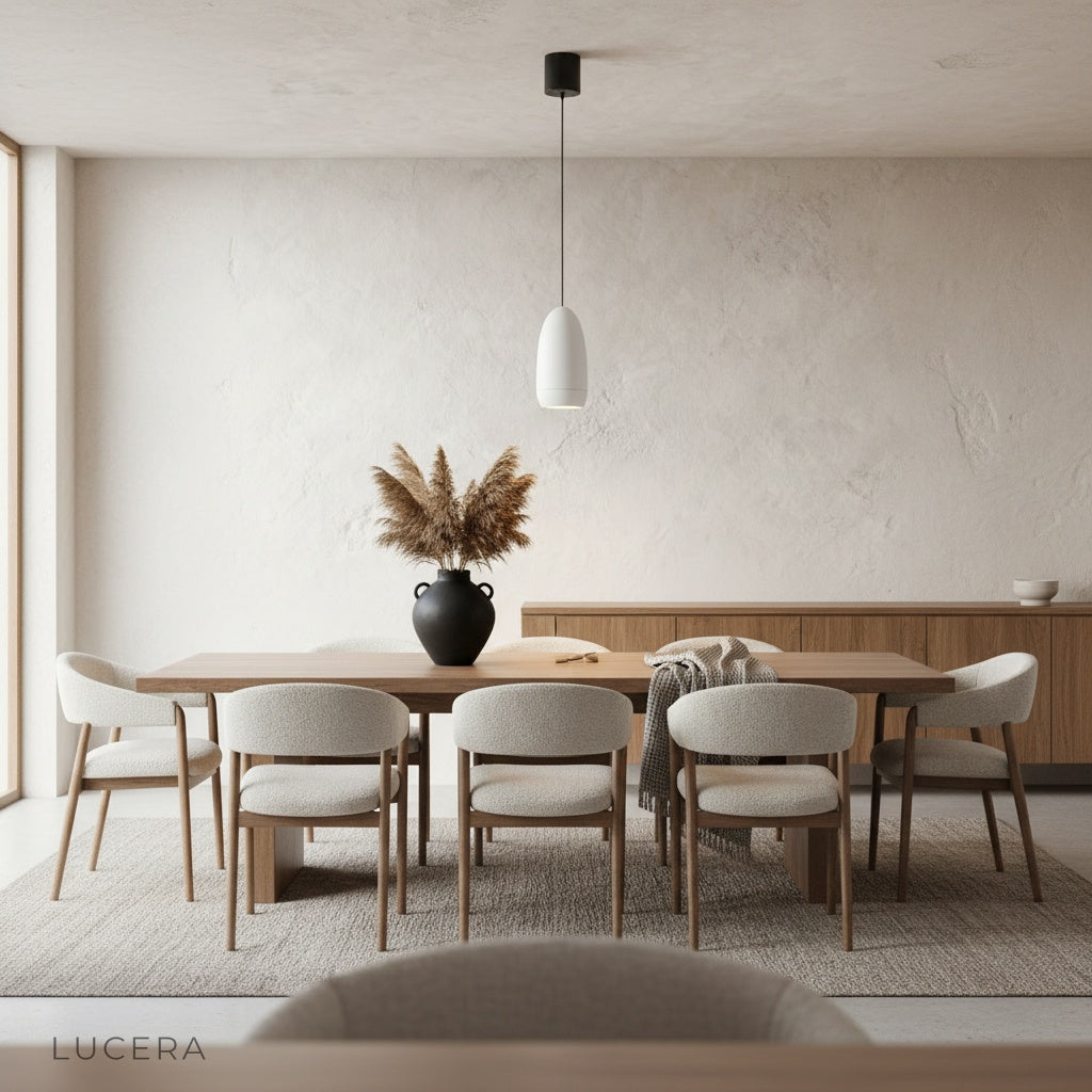 capsule pendant light over a sleek kitchen island with warm accent lighting
