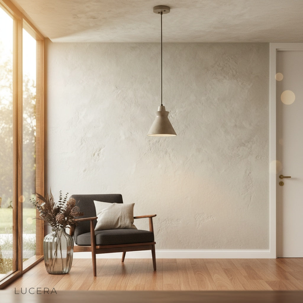 Jazzle pendant light in a hallway with travertine stone wall, casting soft shadows and highlighting wood top