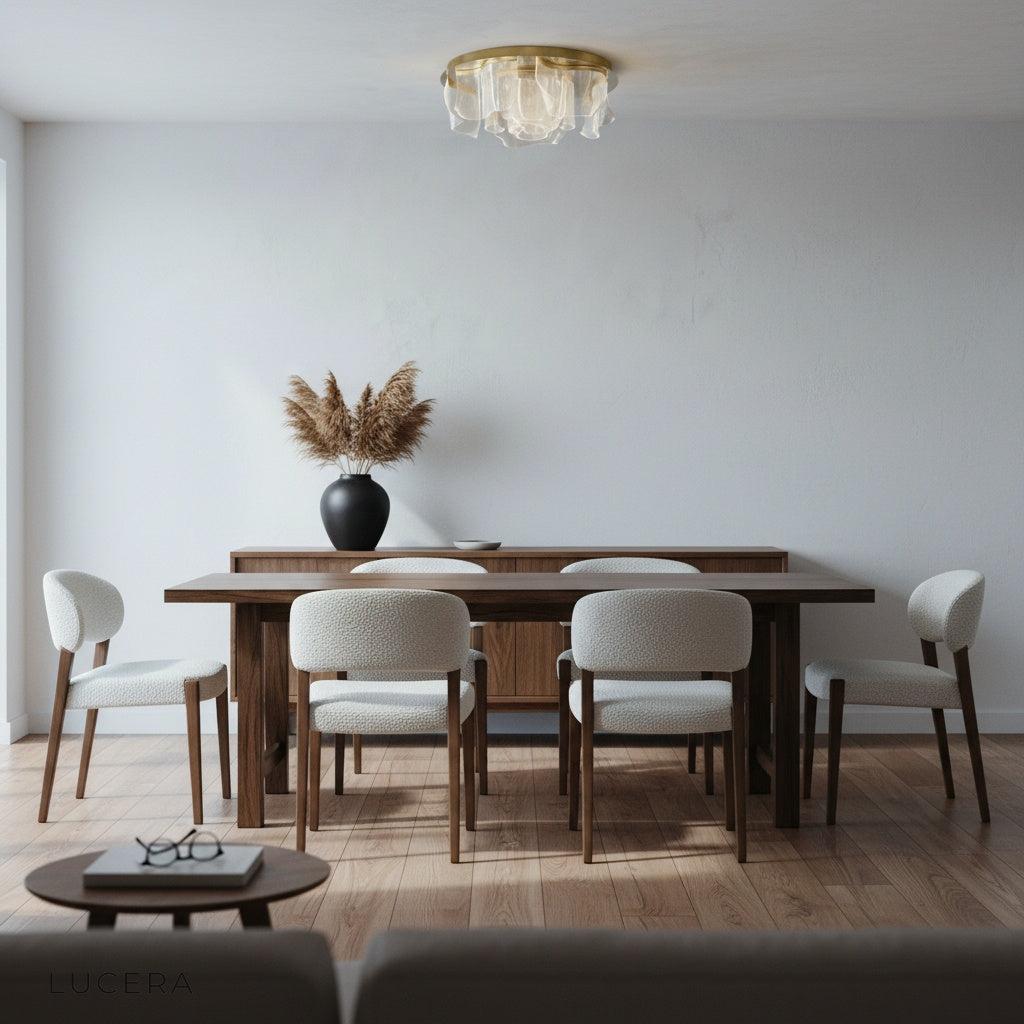 Sisyphus ceiling light at dusk elegant hallway with soft shadows