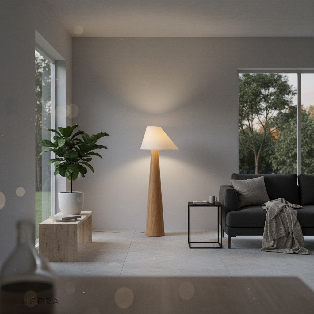 Lucera wooden floor lamp illuminating cozy reading nook with bookshelf