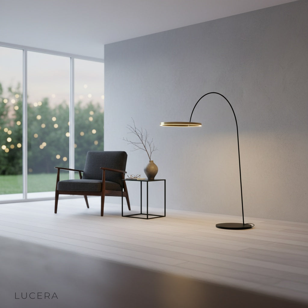 ambient nighttime shot of Unison floor lamp illuminating plant corner