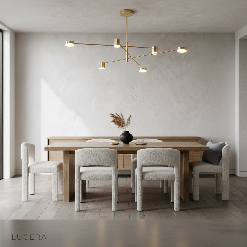 Winsor Blue Chandelier above a kitchen island with pendant lights in background