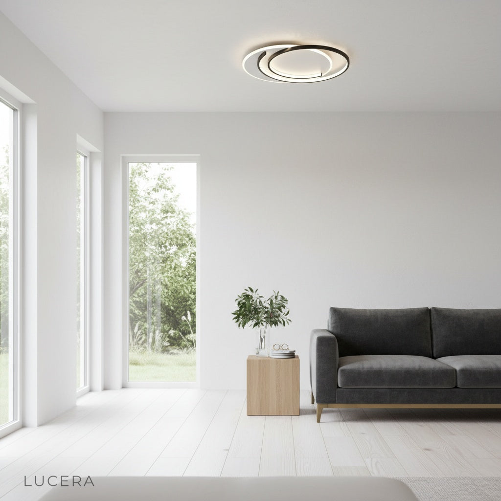 Zesty ceiling light gold finish above a rustic wooden bedside table