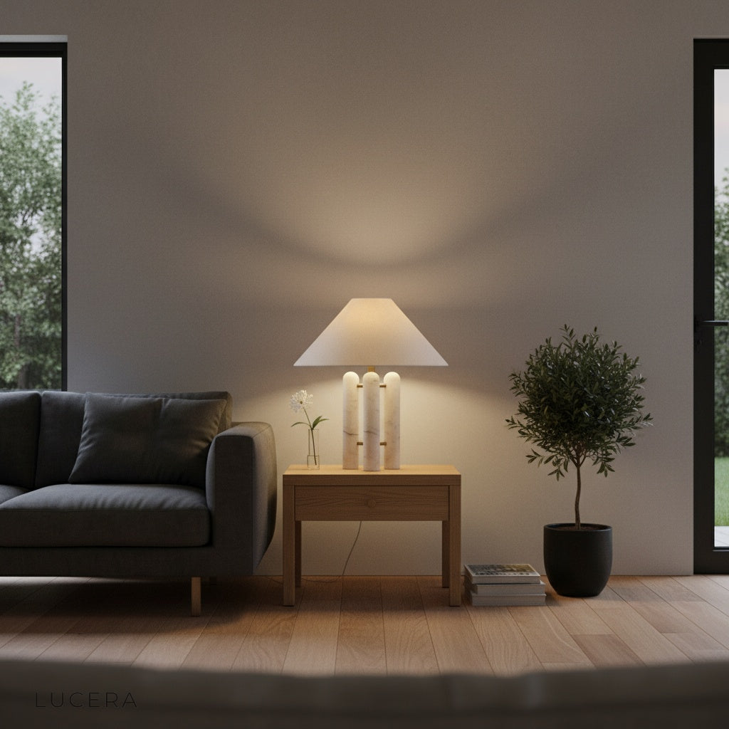 Oblate Table Lamp lit at dusk on wooden console table in cozy reading nook