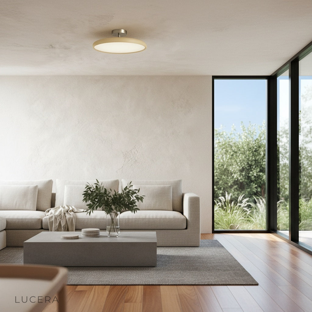 Jubilate ceiling light illuminating modern entryway with neutral decor