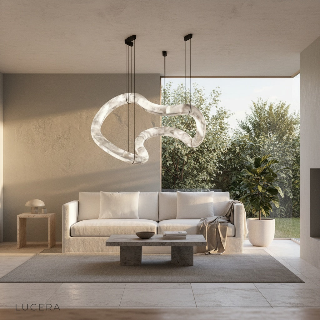 contemporary chandelier with alabaster shade hanging in a minimalist bedroom at dusk
