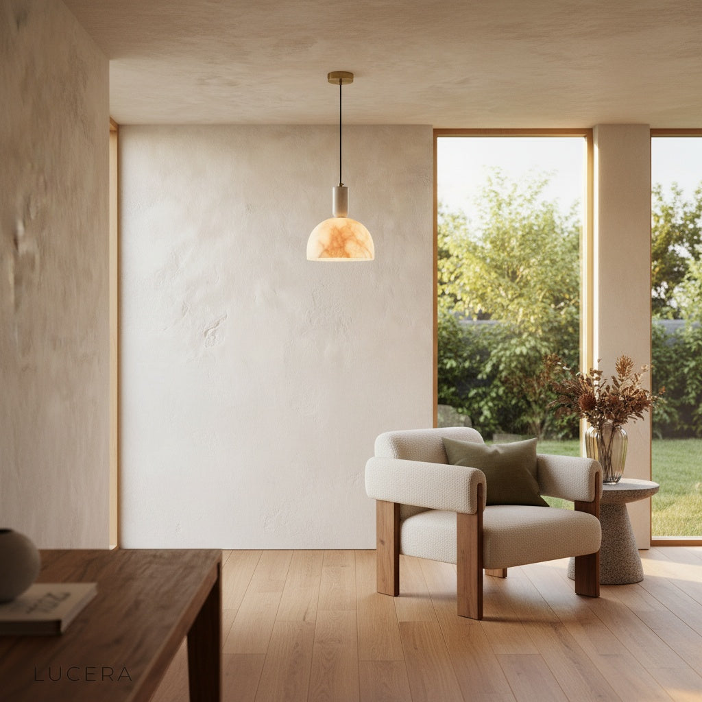 evening lifestyle shot of Midas alabaster pendant light creating calming atmosphere in reading nook