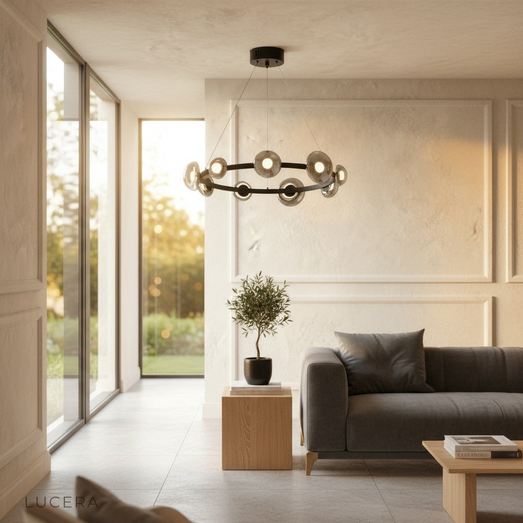 Idea Round Chandelier suspended over kitchen island with warm light