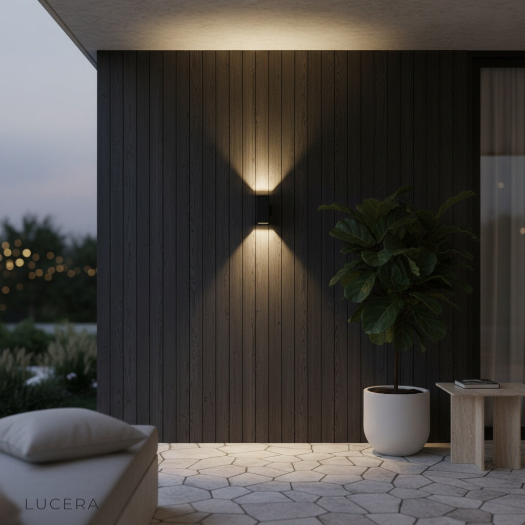 wall lamp glowing warmly above a balcony railing with city lights in the background