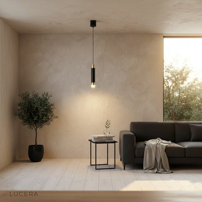 black and gold pendant light casting warm ambient glow in stylish dining corner