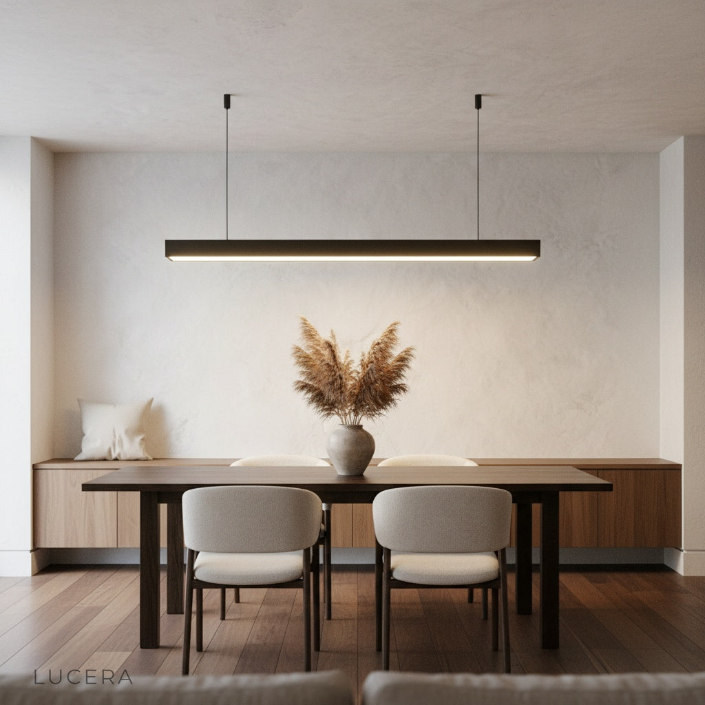 Winslow Pendant Light ambient evening shot casting warm light in office workspace
