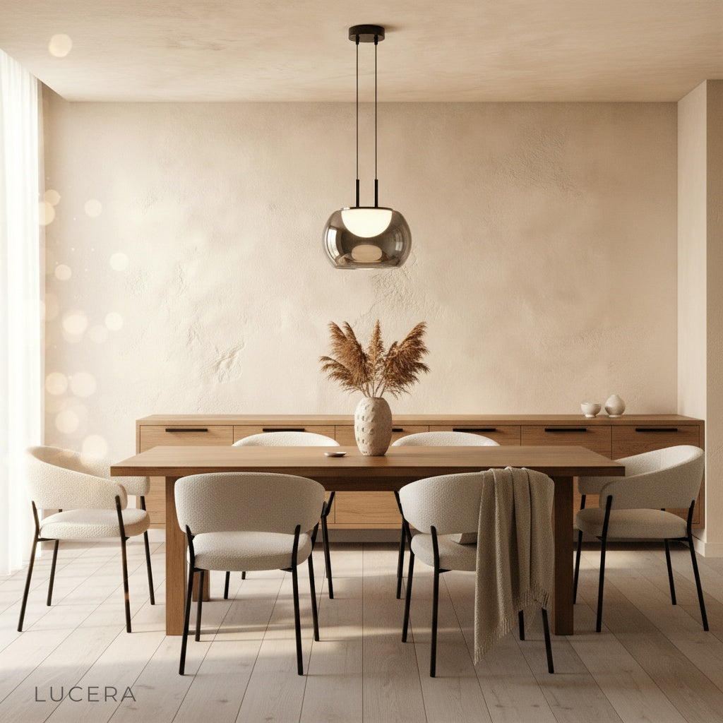 Gareth pendant light in a minimalist hallway, highlighting its iron frame details
