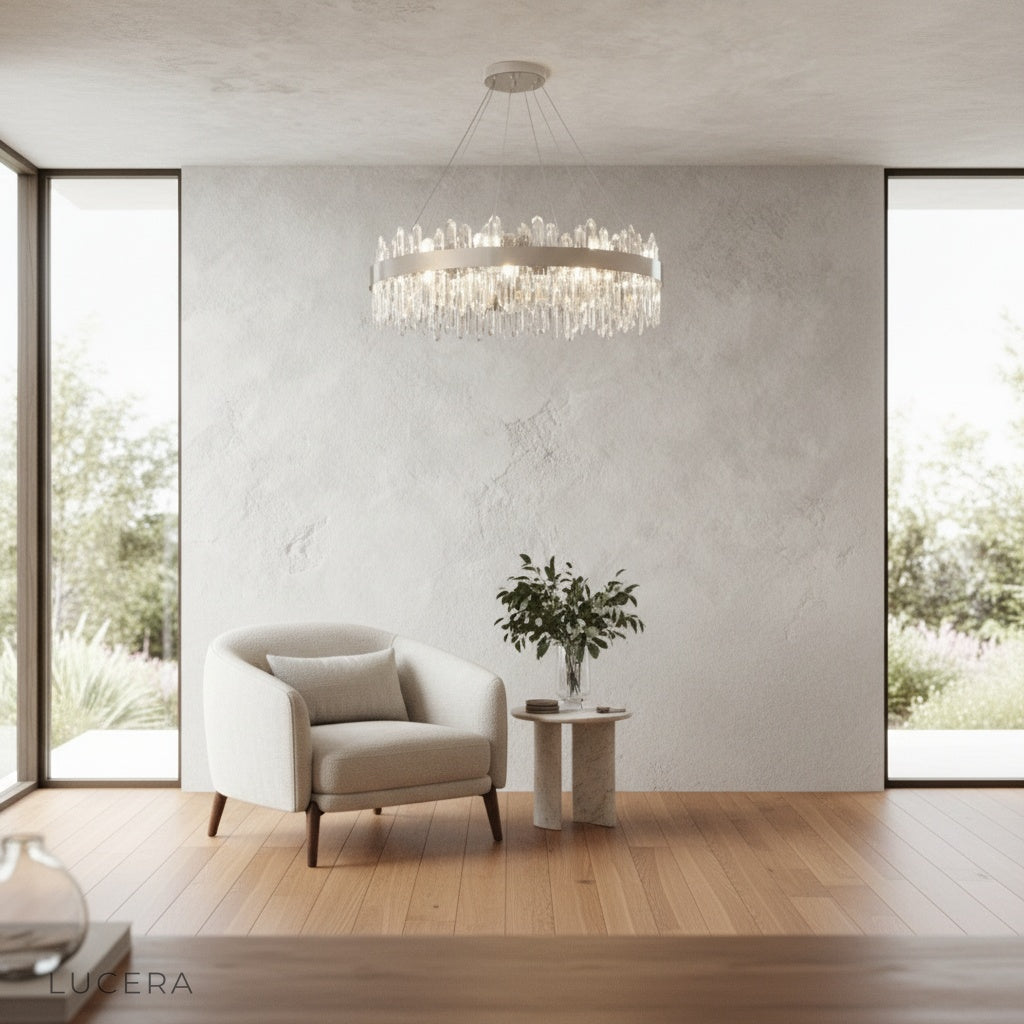 Eternal Chandelier linear version suspended above a marble kitchen island in a contemporary home