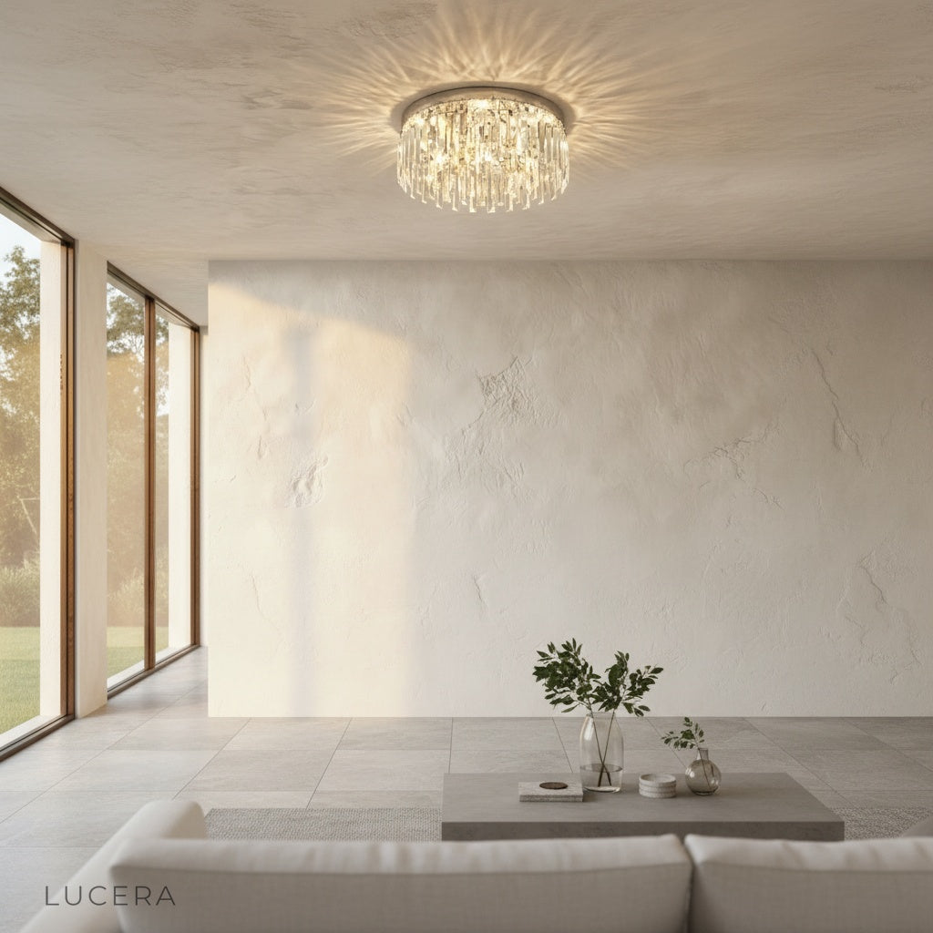 nighttime lifestyle shot of Emeraldine ceiling light casting sparkling light in a cozy living room