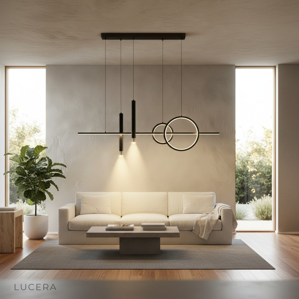Nighttime lifestyle shot of Trim Pendant Light illuminating a stylish office desk with books