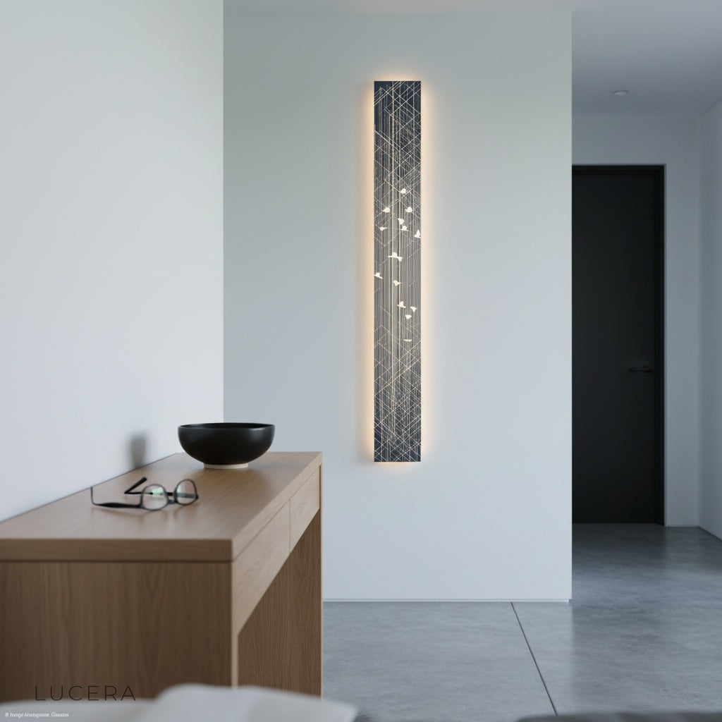 Vela Steel Illuminated Art in a minimalist office space, focused task lighting