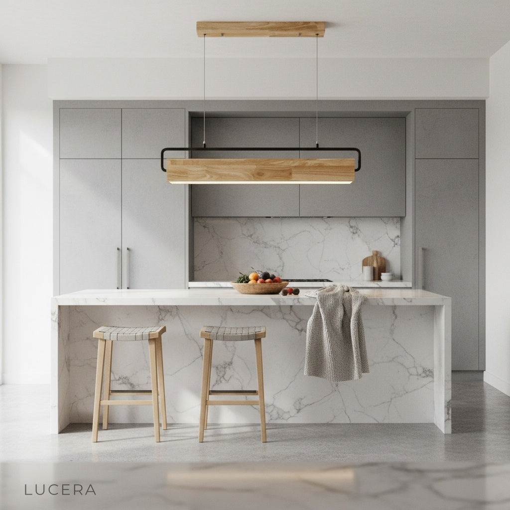 Close-up of Bravura pendant light highlighting natural wood grain and matte black iron details