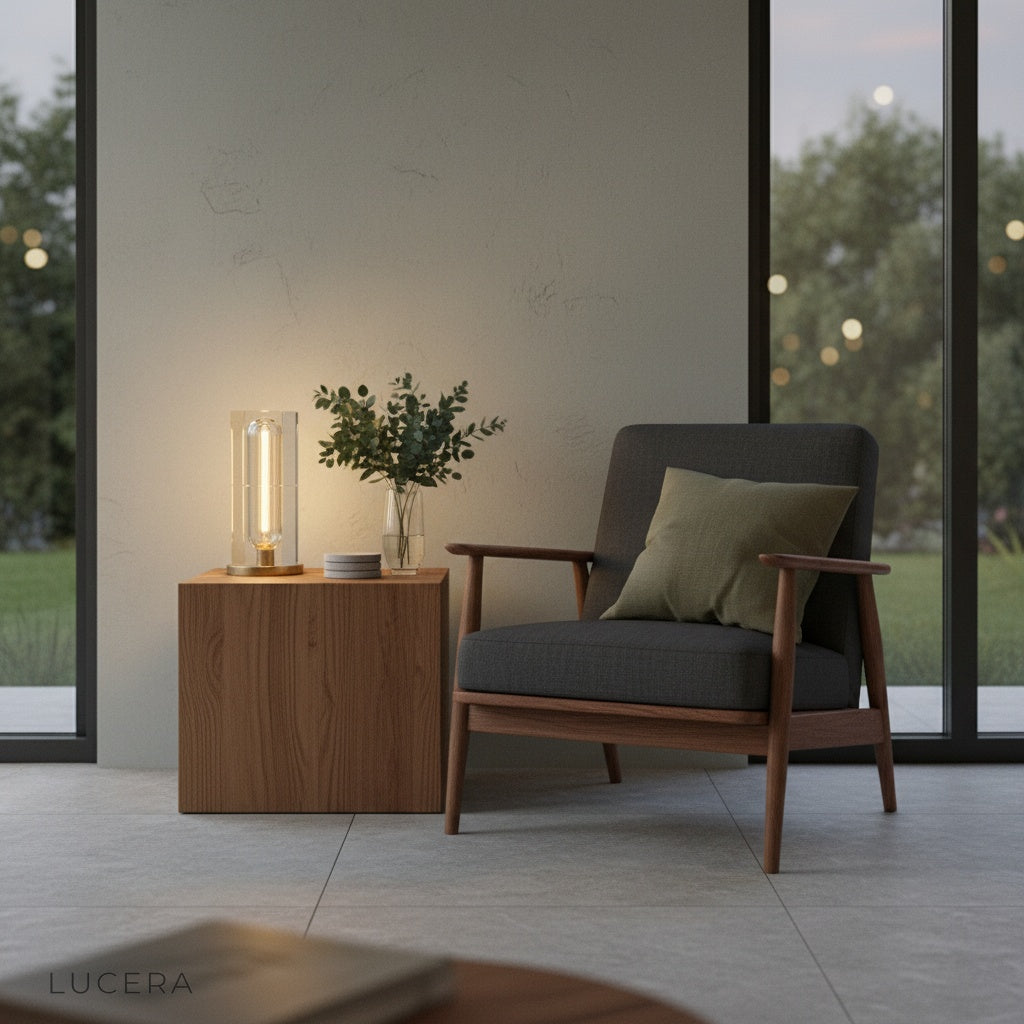 Quarry Table Lamp in elegant home office on walnut desk with books and decor