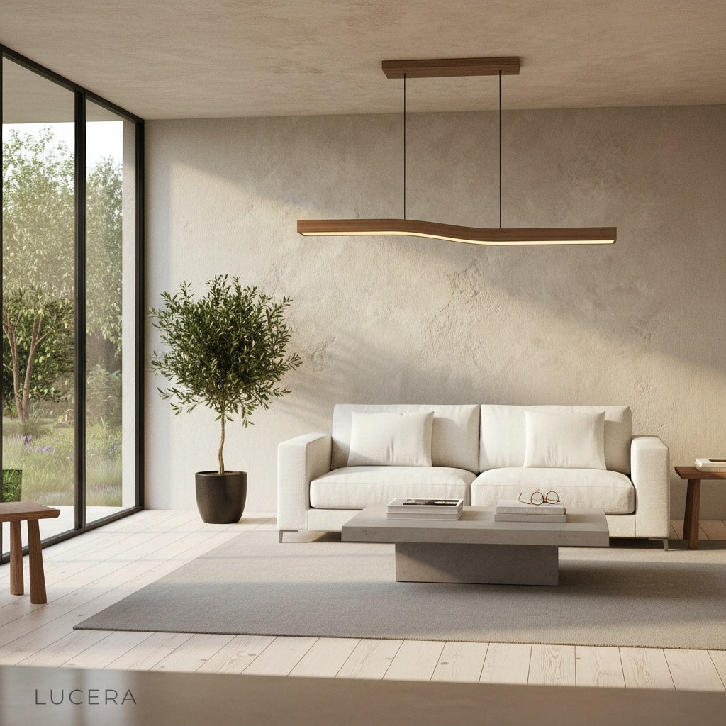 Tenebrous pendant light casting soft shadows in a cozy bedroom corner at dusk
