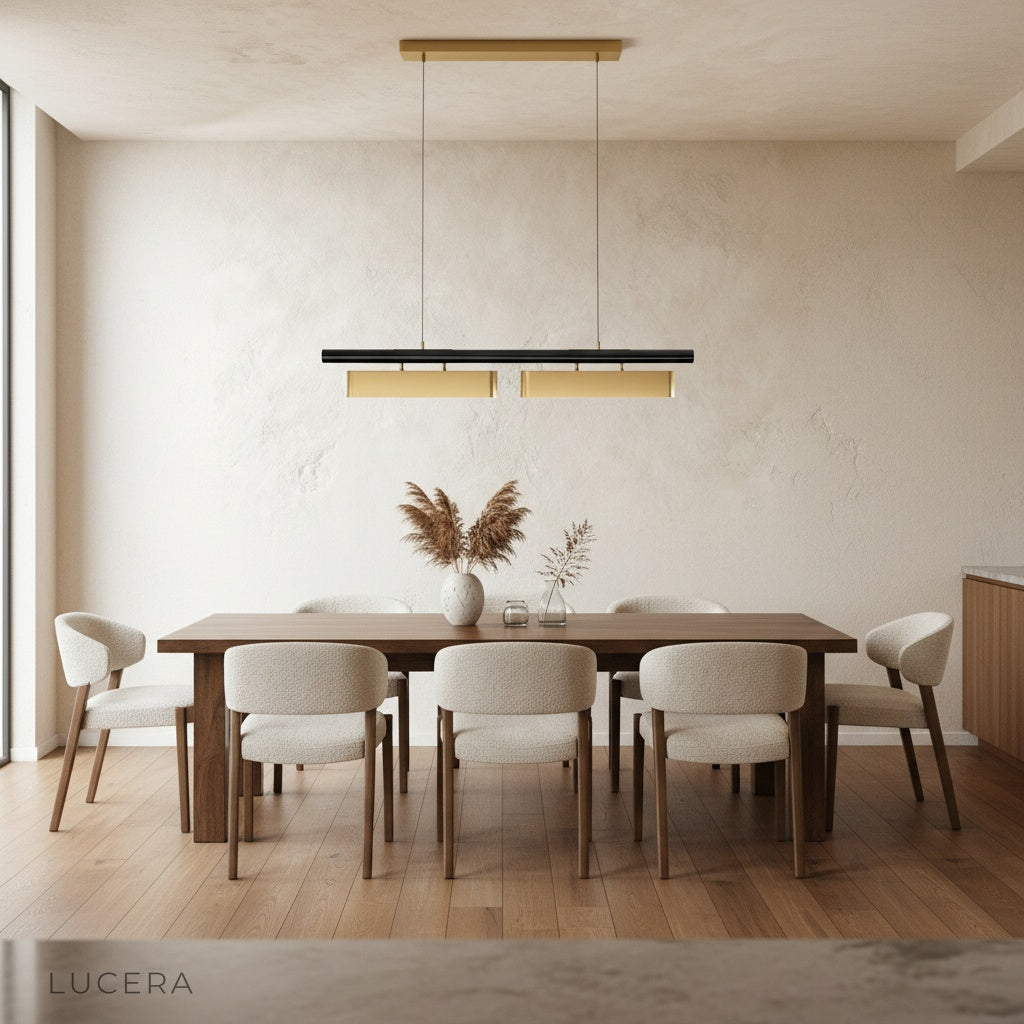 Fiorella Chandelier glowing at night in minimalist lounge with shadows on ceiling