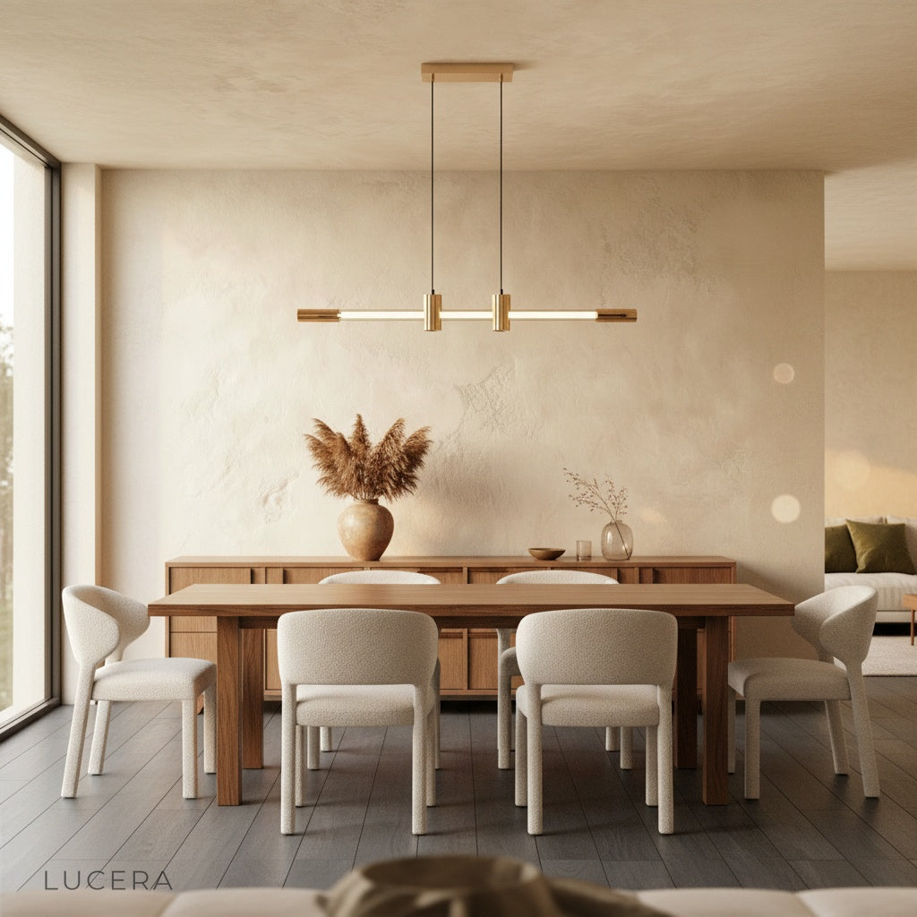Gideon pendant light suspended above a rustic wooden table in a farmhouse kitchen