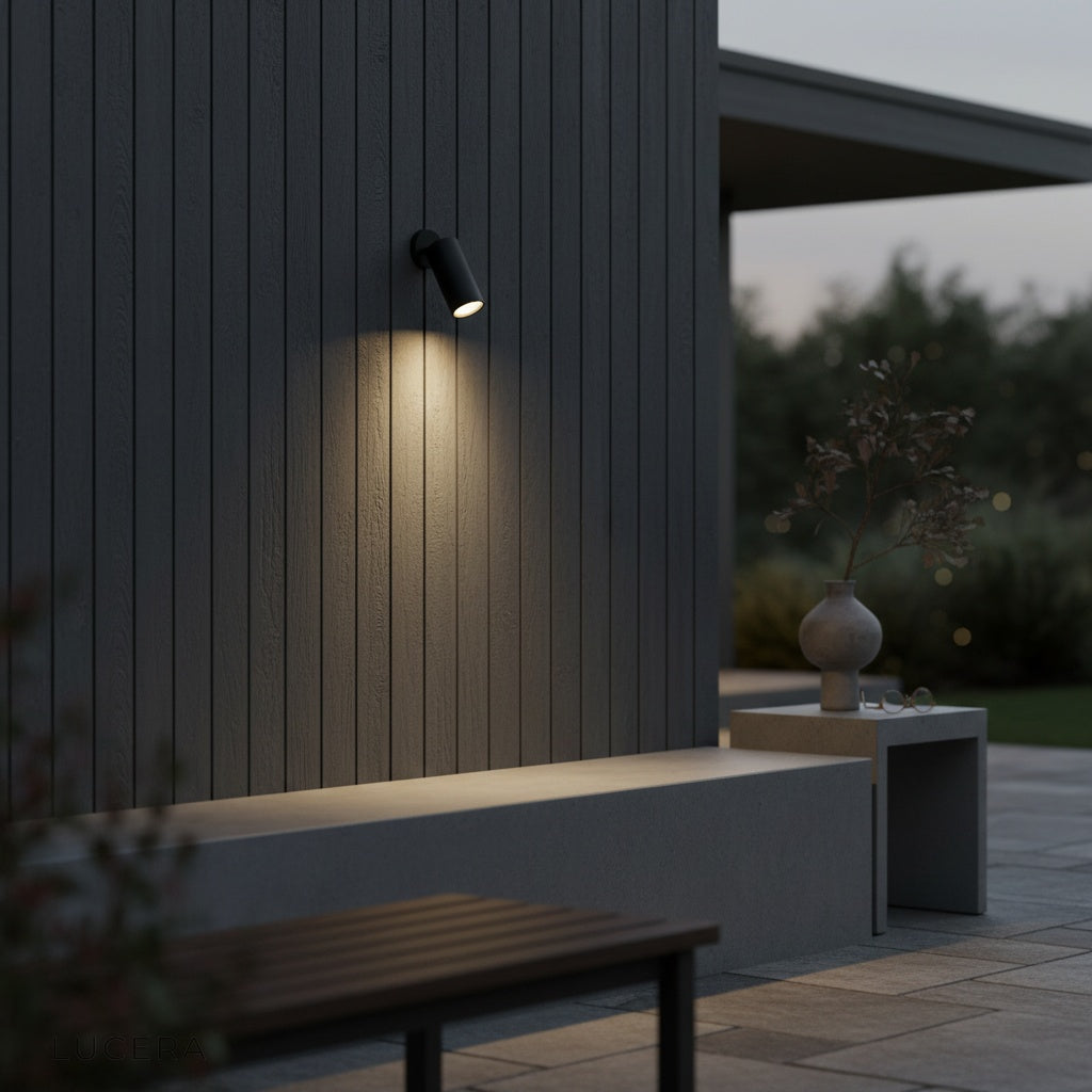 angled Gaea spotlight highlighting a potted plant on a minimalist balcony at night