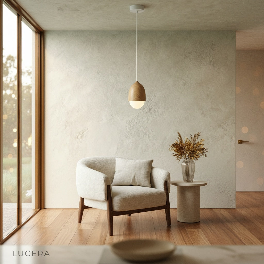 Holly wood-look pendant light in a stylish café-style corner with plants and rattan chair