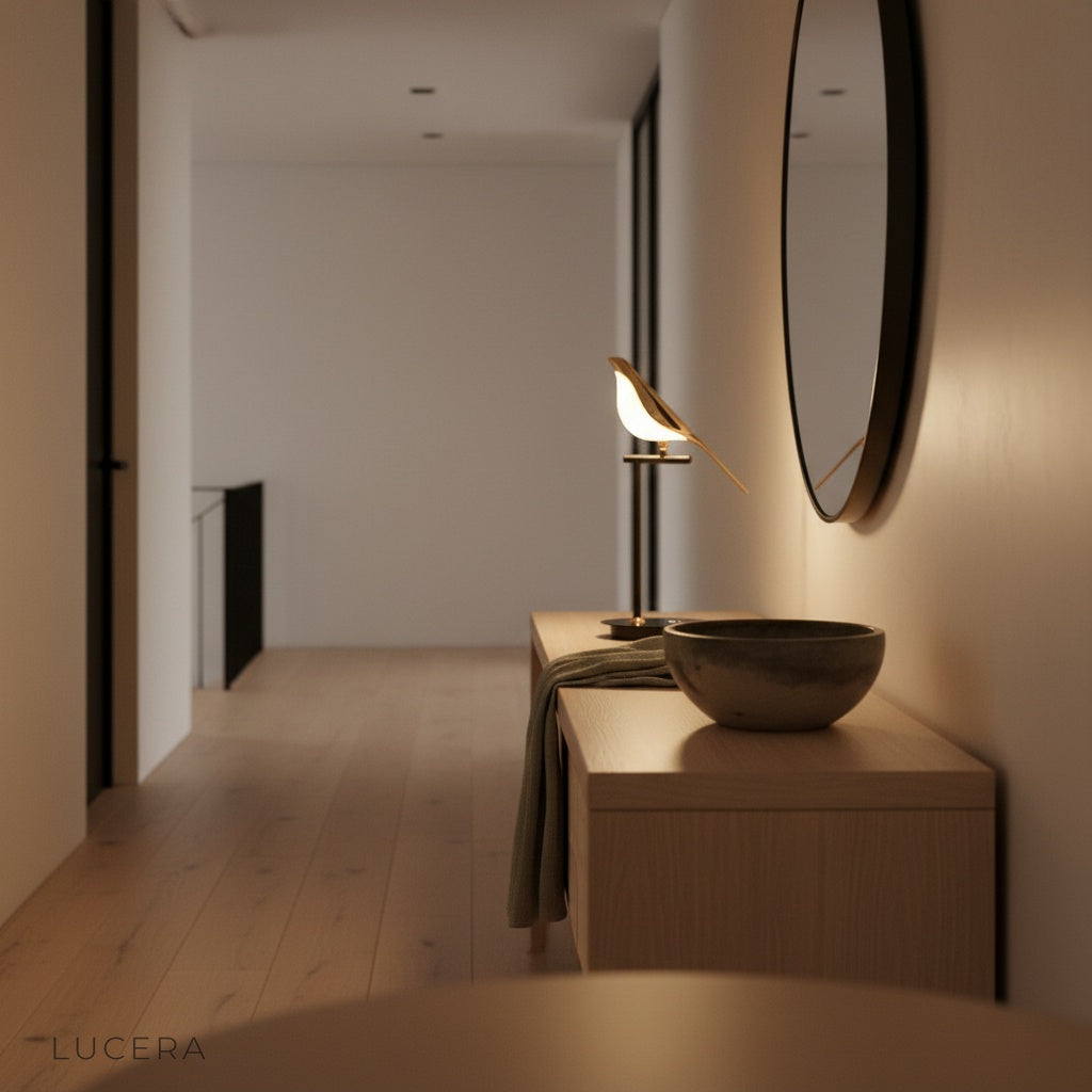 Vento Table Lamp casting dramatic shadows on bedroom nightstand at dusk with warm glow