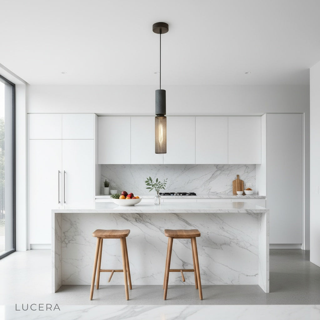 Ridge Pendant Light casting ambient evening glow over a cozy living room corner with industrial decor accents