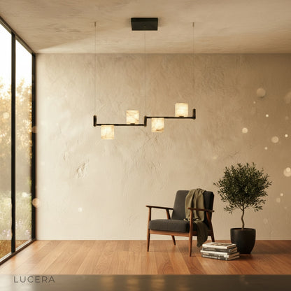 Lodge Alabaster Chandelier casting cool glow in contemporary living room at dusk