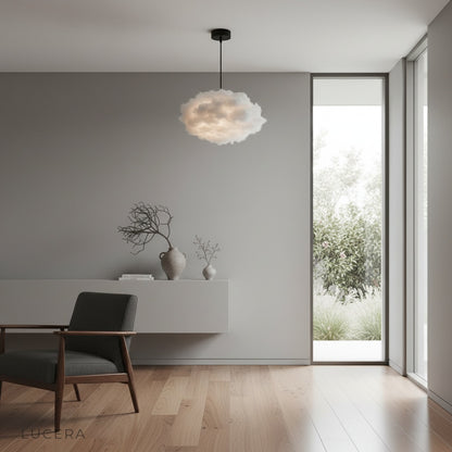 Close-up detail of the Whimsical Nine pendant light's cotton and silk texture, highlighting the soft puffy cloud craftsmanship