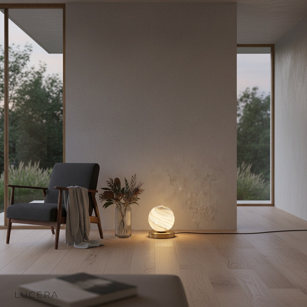 Jewel Table Lamp on wooden nightstand in modern living room with soft ambient lighting at dusk