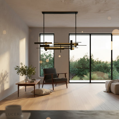 Cassiopeia chandelier suspended in high-ceiling hallway with reflective floor