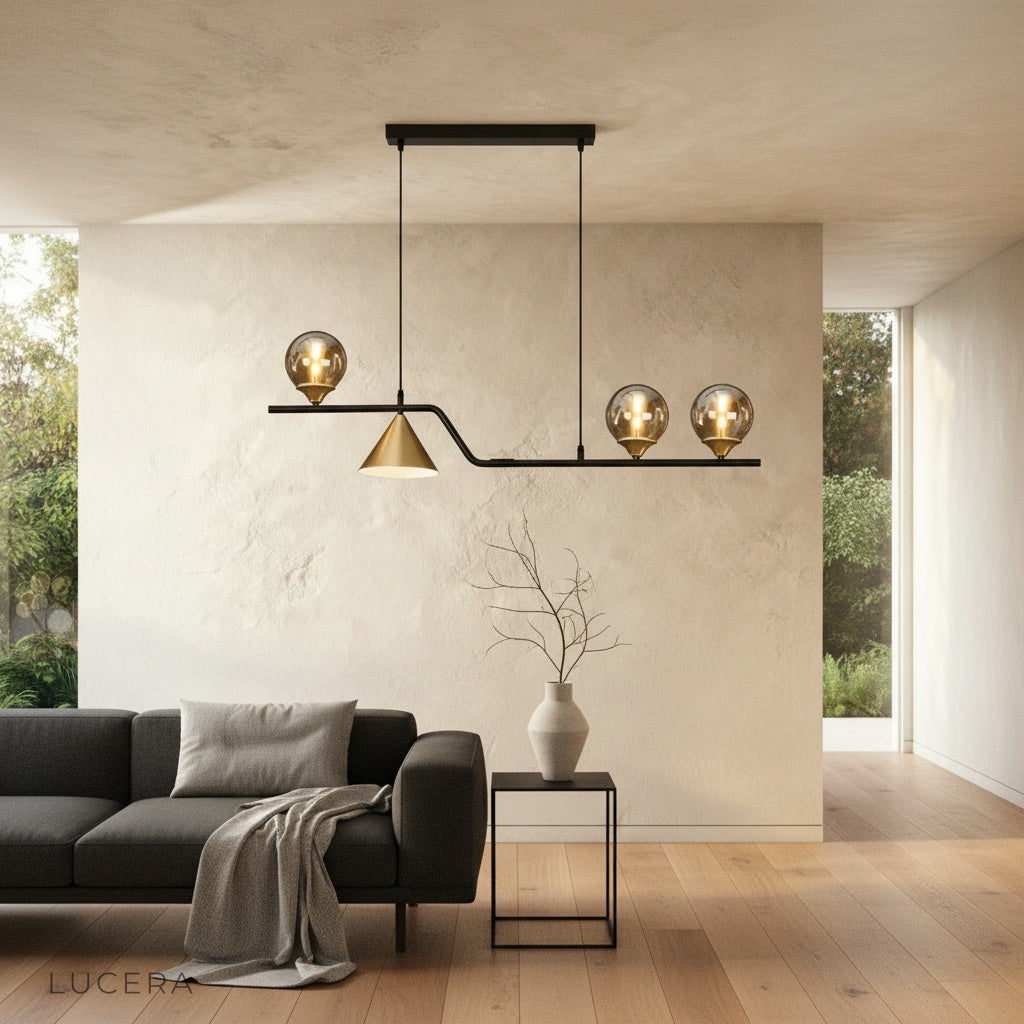 ambient nighttime shot of Trappist pendant light casting soft shadows in a bedroom