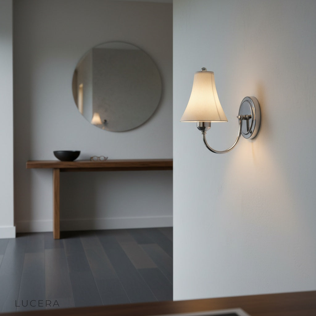Hearth Wall Lamp casting warm ambient light on bedside wall in bedroom
