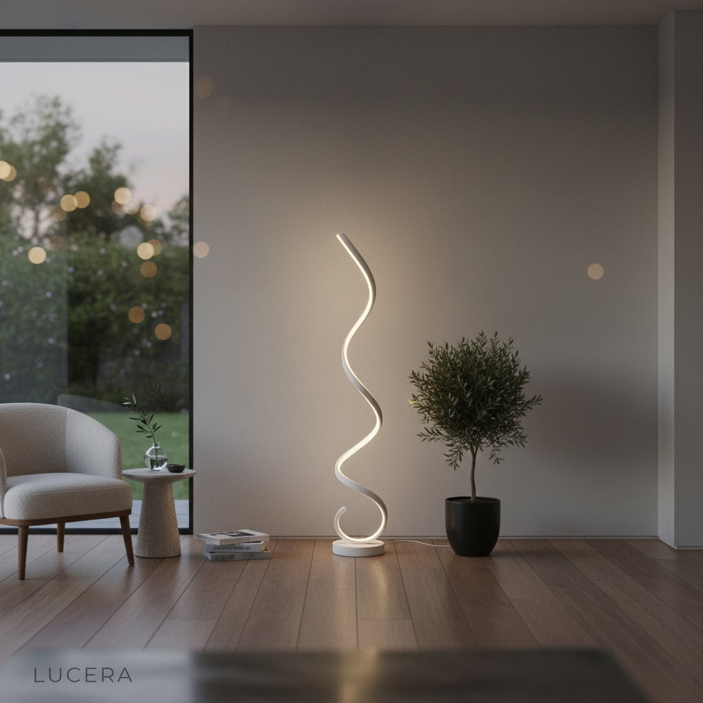 Lucera Pulse Floor Lamp spiral silhouette against dark wall with warm evening lighting