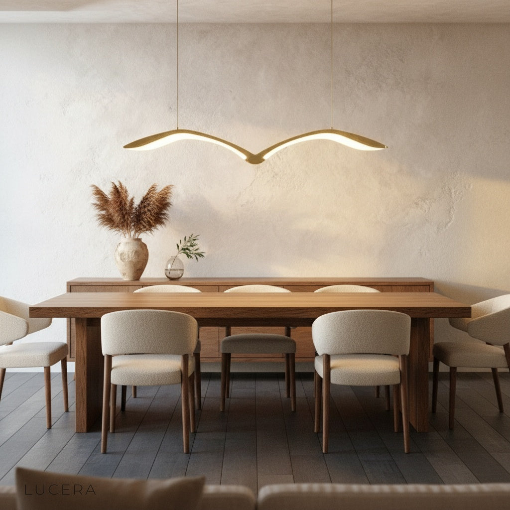 linear chandelier paired with neutral decor in a modern bedroom corner