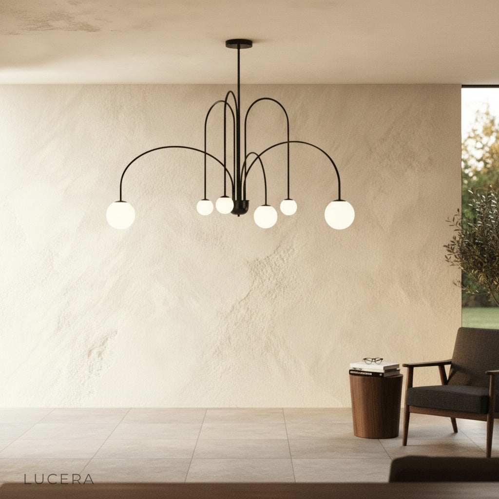 Unico Chandelier casting romantic glow in bedroom with neutral tones