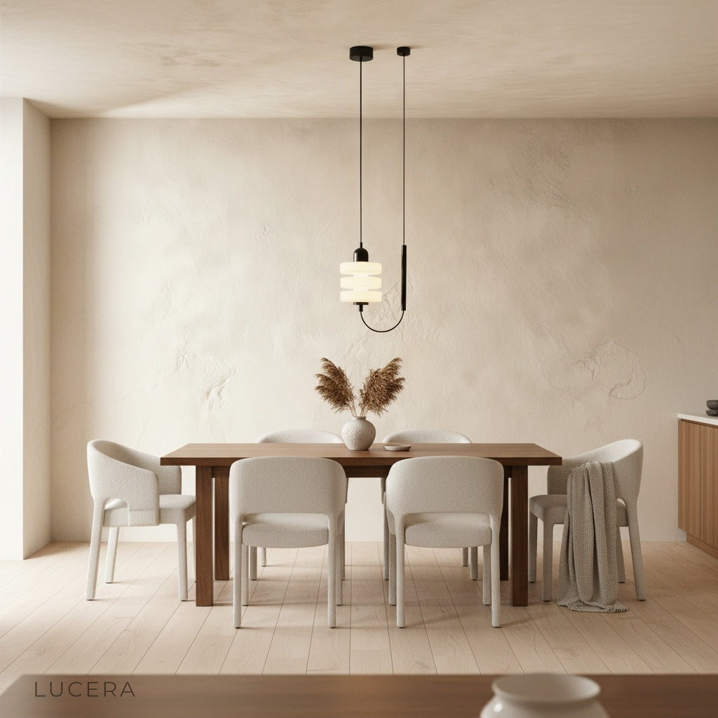 Bastian pendant light illuminated at dusk in a cozy bedroom corner with soft shadows