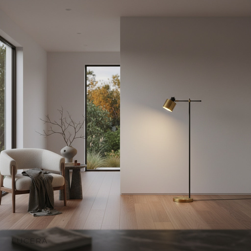 Close-up of Lume Floor Lamp adjustable cylindrical shade and iron stem