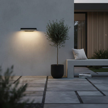 front view of compact die-cast aluminum outdoor sconce with clean lines and matte finish