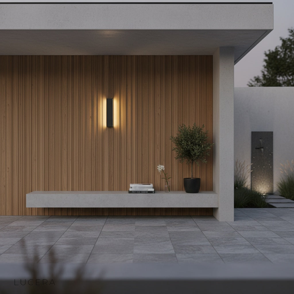 Krems white wall lamp mounted on a wooden deck wall with soft ambient lighting
